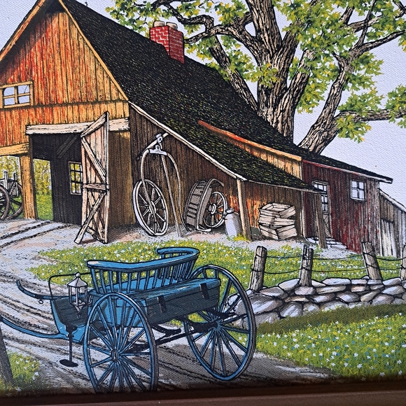 Rare Vtg H. Hargrove Signed, Matted Framed Oil Painting- Barn,Blue Cart/Buggy - Picture 4 of 13